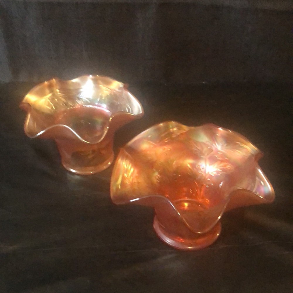 Carnival glass pair: scalloped gold orange bowls leaves & berries circa 1940